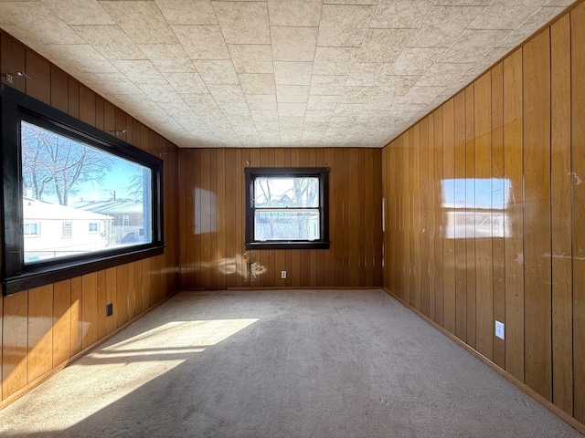 unfurnished room with light carpet and wood walls