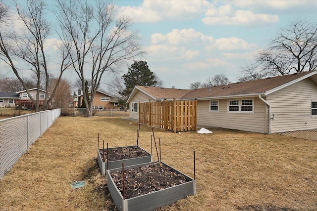 exterior space with a fenced backyard and a vegetable garden