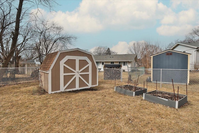 view of shed featuring a fenced backyard and a vegetable garden