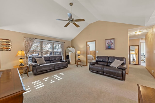 carpeted living room with baseboards, vaulted ceiling, and a ceiling fan