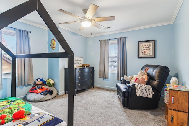 bedroom featuring carpet, visible vents, ornamental molding, a ceiling fan, and baseboards