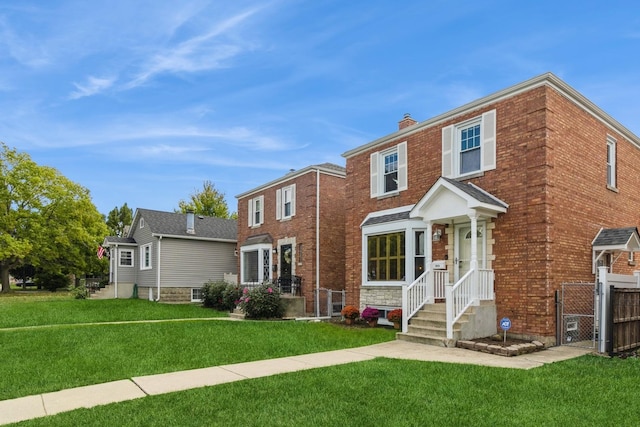 view of front of home featuring a front yard, brick siding, fence, and a chimney