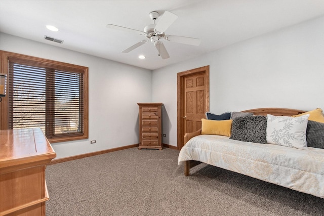 carpeted bedroom with a ceiling fan, recessed lighting, visible vents, and baseboards