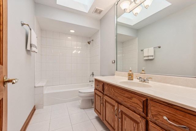 full bathroom featuring toilet, a skylight, visible vents, and tile patterned floors