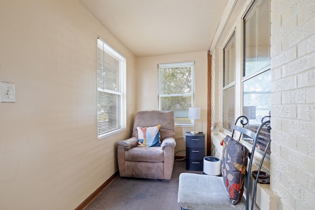 sitting room with dark colored carpet and baseboards