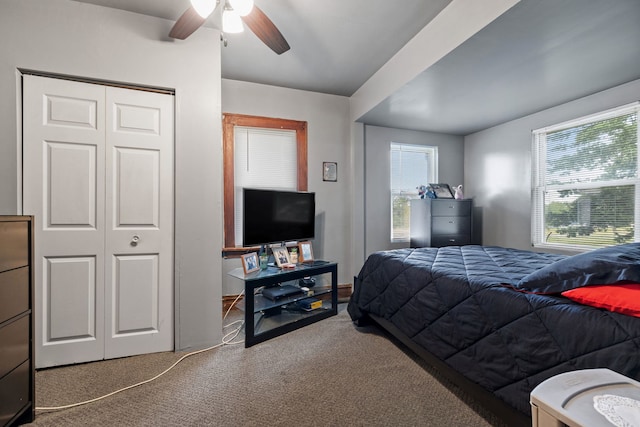 carpeted bedroom with ceiling fan, multiple windows, and a closet