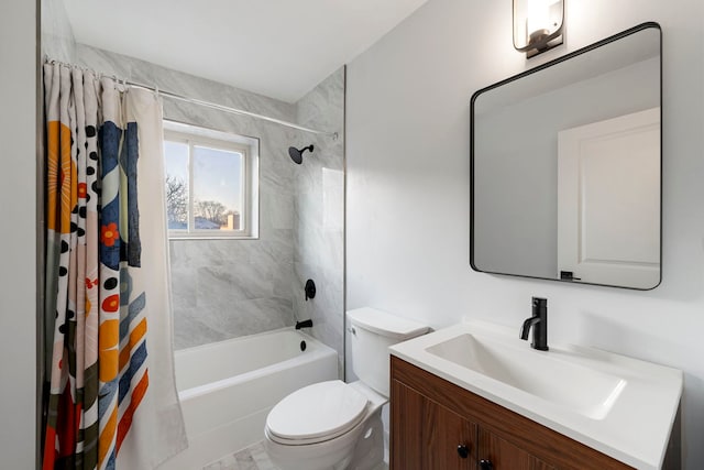 full bath featuring shower / tub combo, vanity, and toilet