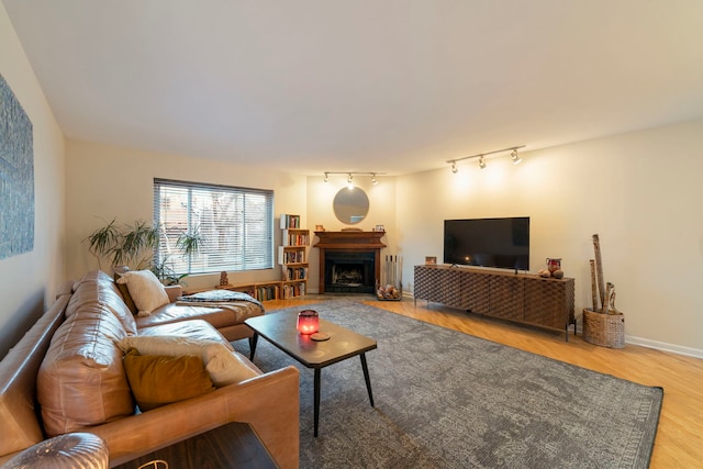 living area with track lighting, a fireplace, wood finished floors, and baseboards