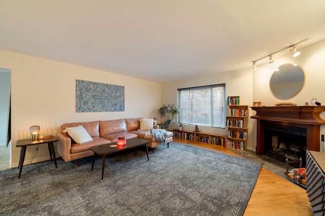 living room with a fireplace with flush hearth, rail lighting, and baseboards