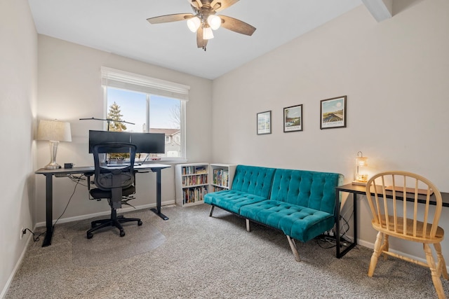 office with baseboards, a ceiling fan, and carpet flooring