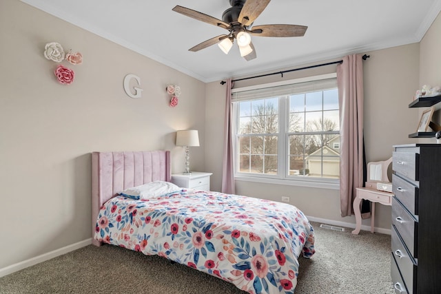 bedroom featuring light carpet, crown molding, and baseboards