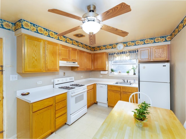 kitchen with white appliances, a ceiling fan, visible vents, a sink, and under cabinet range hood