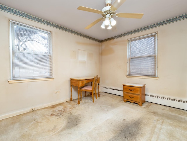 interior space featuring a baseboard radiator, baseboards, a ceiling fan, and carpet flooring