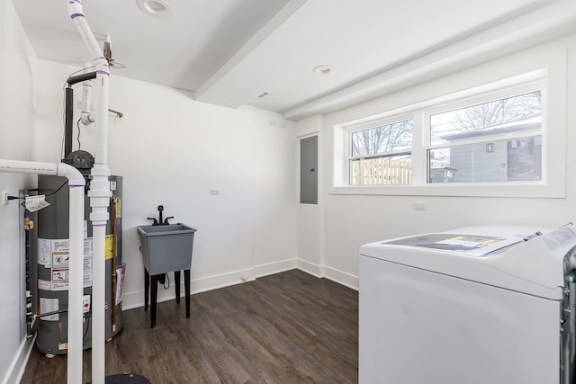 clothes washing area with laundry area, baseboards, water heater, electric panel, and dark wood finished floors