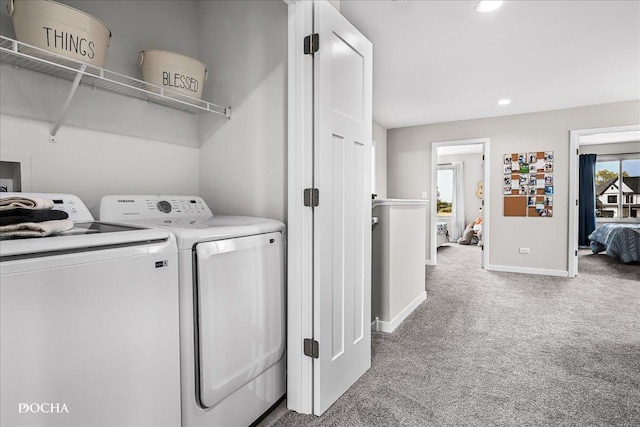 laundry area featuring carpet, recessed lighting, laundry area, independent washer and dryer, and baseboards