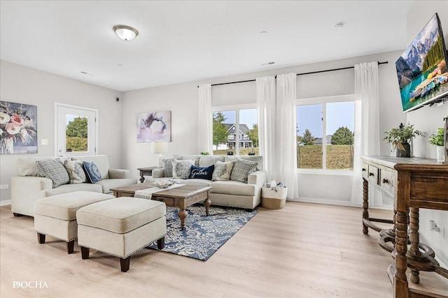 living area with light wood finished floors and baseboards