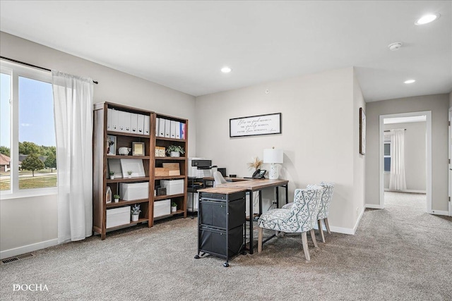 home office featuring carpet floors, recessed lighting, visible vents, and baseboards