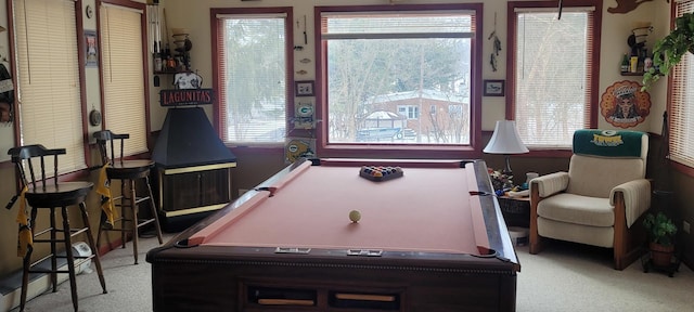 game room featuring carpet, a wealth of natural light, and pool table