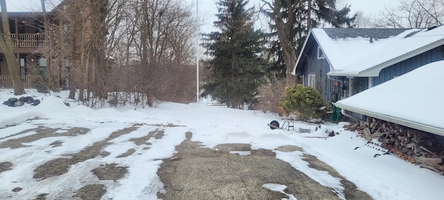 yard covered in snow with a garage