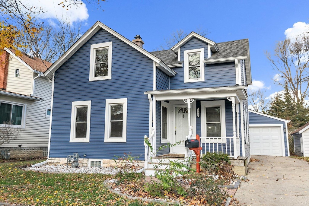 217 Elm St, Batavia, IL 60510 - view of front of property with covered porch, roof with shingles, an outdoor structure, and a chimney