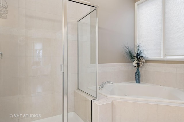 bathroom with a healthy amount of sunlight, a shower stall, and a bath