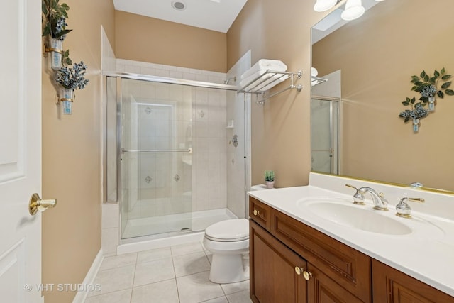 bathroom with vanity, tile patterned flooring, toilet, and a shower stall