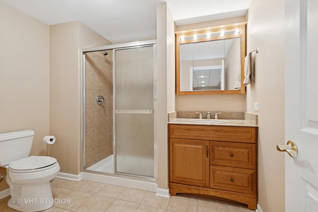 full bath with toilet, a stall shower, and tile patterned flooring