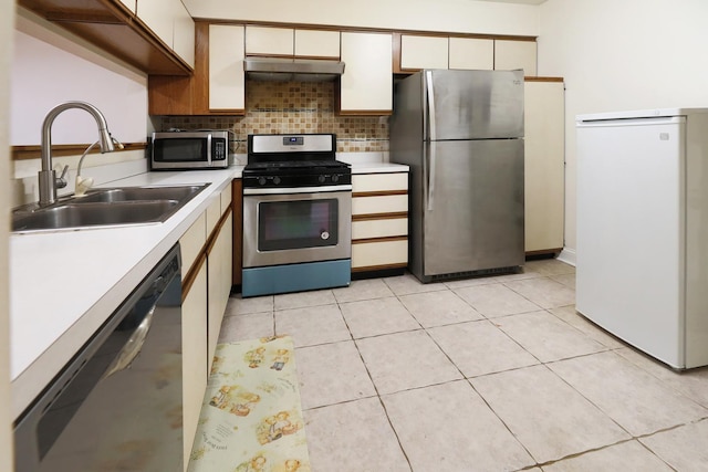 kitchen featuring under cabinet range hood, a sink, light countertops, appliances with stainless steel finishes, and tasteful backsplash