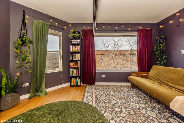 sitting room with baseboards and wood finished floors