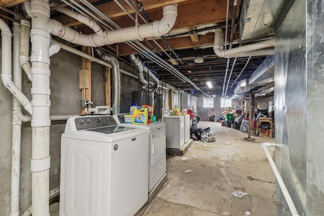 basement with water heater and washing machine and clothes dryer