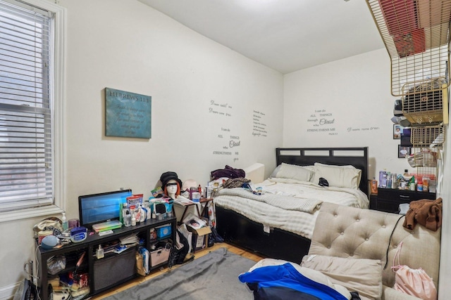 bedroom featuring multiple windows and wood finished floors