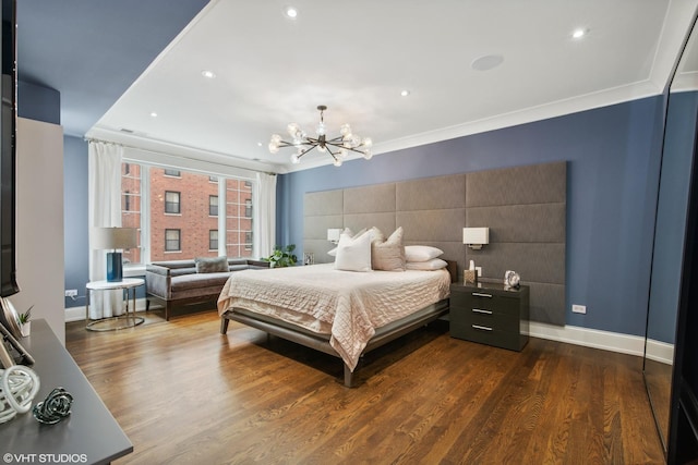 bedroom with recessed lighting, dark wood-type flooring, ornamental molding, a chandelier, and baseboards