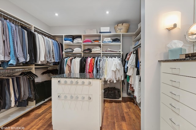 walk in closet with dark wood-style floors