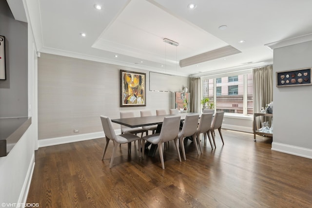 dining space with recessed lighting, a raised ceiling, baseboards, and dark wood-style flooring