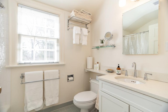 bathroom with visible vents, curtained shower, toilet, tile patterned floors, and vanity