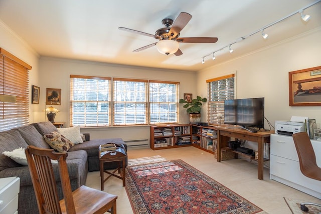 office with a baseboard heating unit, crown molding, track lighting, and ceiling fan