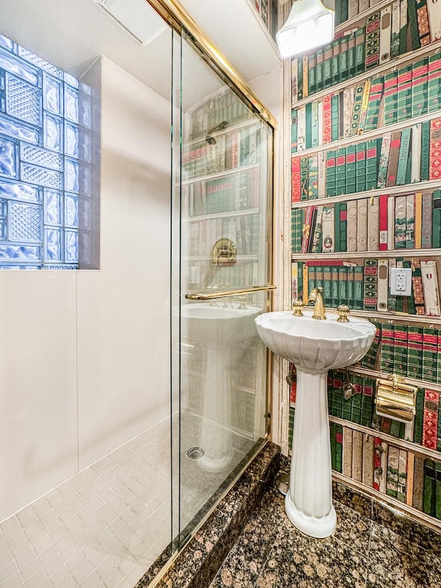 bathroom with a shower stall and a sink