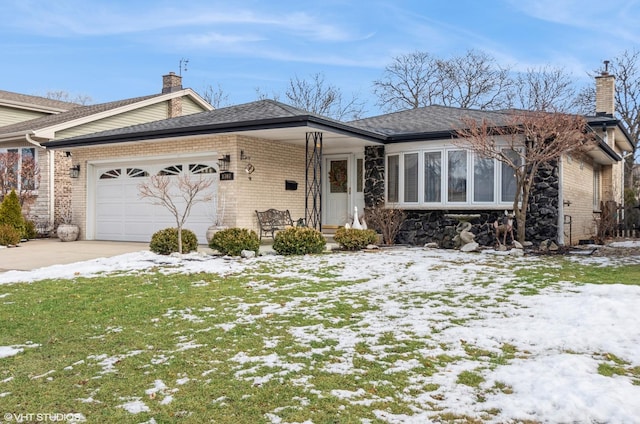 ranch-style home featuring an attached garage, a chimney, concrete driveway, and brick siding