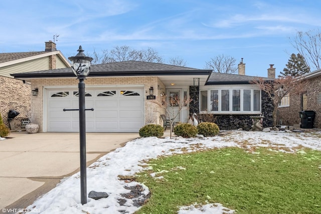 view of front of property featuring a garage, concrete driveway, a chimney, roof with shingles, and brick siding