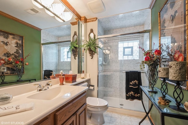 full bath featuring toilet, a shower stall, visible vents, and vanity