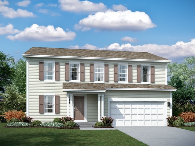 view of front facade with an attached garage, concrete driveway, and a front yard