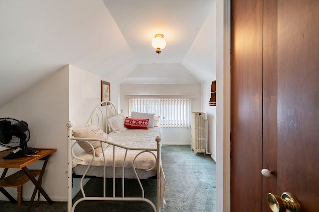 carpeted bedroom featuring radiator, vaulted ceiling, and baseboards