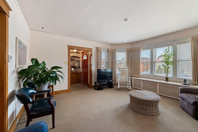 sitting room with carpet floors, radiator, and baseboards