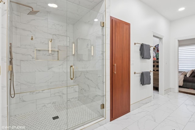 full bathroom featuring a marble finish shower, recessed lighting, marble finish floor, and connected bathroom