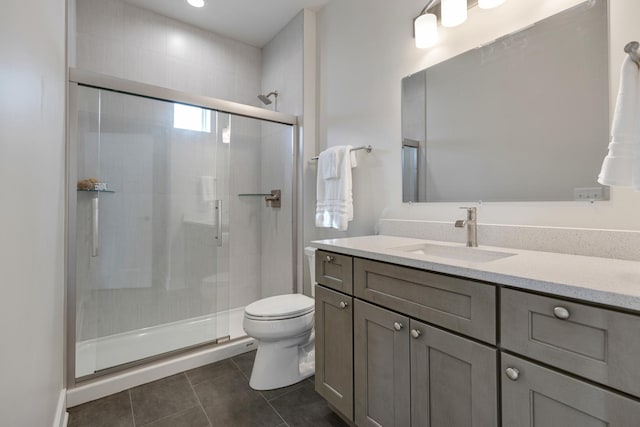 full bath with toilet, a stall shower, tile patterned flooring, and vanity