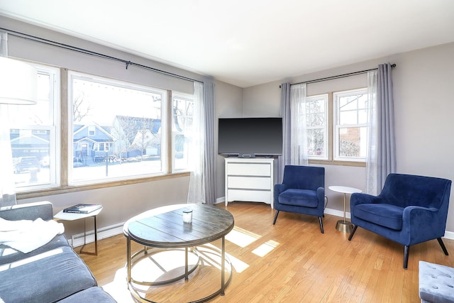 living area with a baseboard radiator, light wood-style flooring, and baseboards