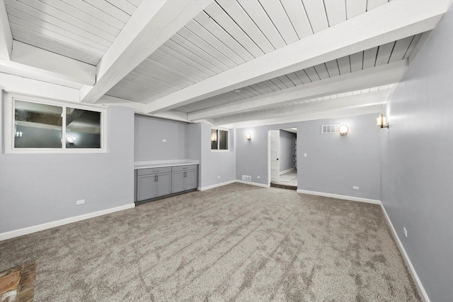 unfurnished room with wood ceiling, carpet, beam ceiling, and baseboards