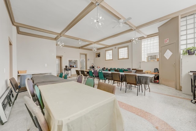 dining space with a chandelier, coffered ceiling, beamed ceiling, and light speckled floor