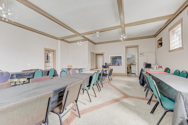 dining room featuring baseboards, coffered ceiling, a notable chandelier, and beamed ceiling