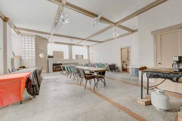 dining area featuring light speckled floor, beam ceiling, coffered ceiling, and a ceiling fan